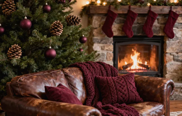 Picture winter, room, sofa, tree, interior, Christmas, socks, fireplace
