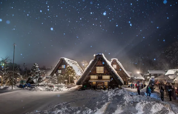 Winter, light, snow, trees, landscape, nature, people, village