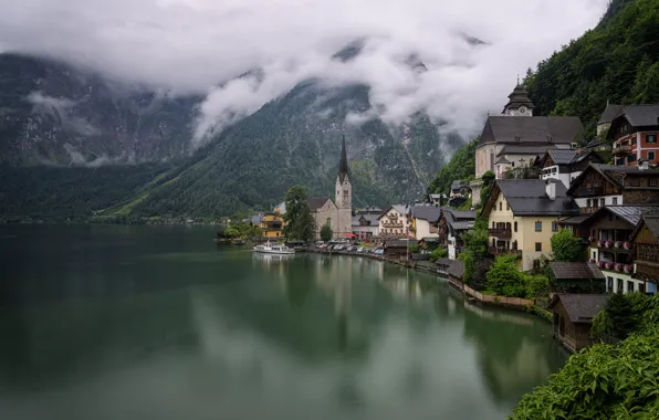 Forest, mountains, lake, shore, home, Austria, Hallstatt