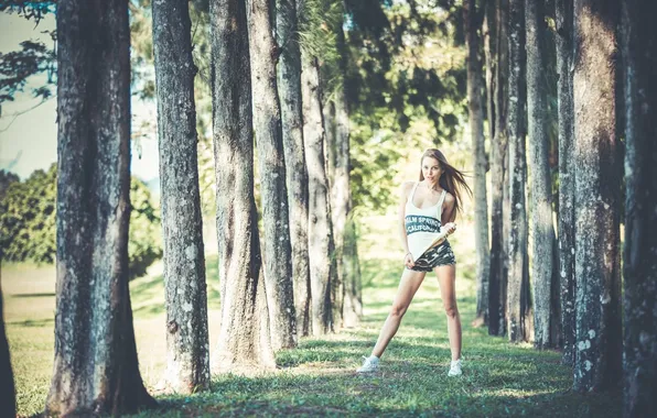 Picture forest, summer, girl, trees, Park, model, shorts, Mike