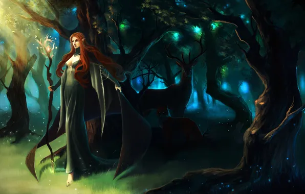 Forest, girl, trees, branches, foliage, staff