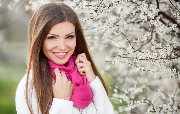Girl, trees, flowers, face, smile, spring