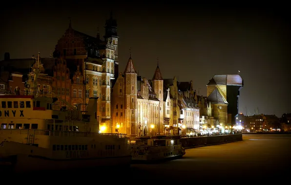 Winter, night, lights, ship, home, Poland, promenade, Gdansk