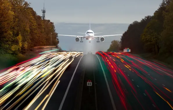 Picture road, lights, the plane