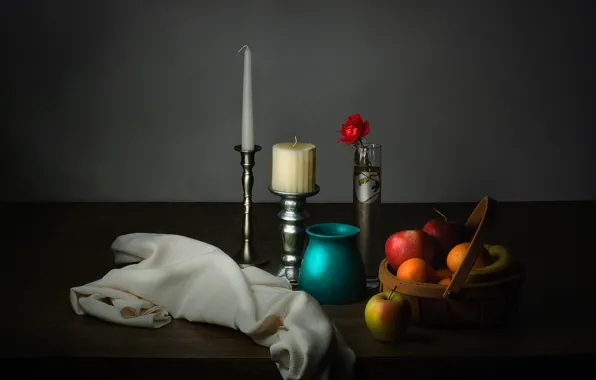 Table, apples, rose, towel, candles, still life, items, basket