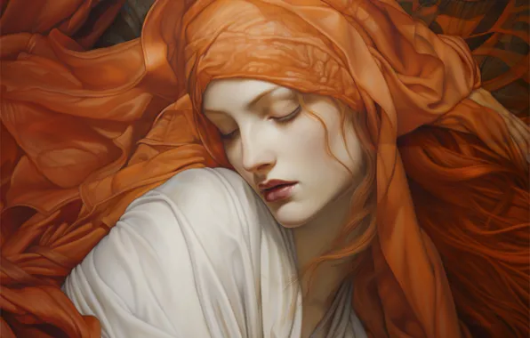 Girl, face, pose, portrait, redhead, shawl, closed eyes, imitation painting