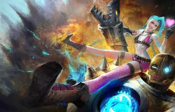 Picture girl, weapons, fire, robot, explosions, art, heart, League of Legends