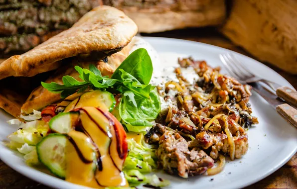 Picture meat, vegetables, sauce, lettuce, pellet