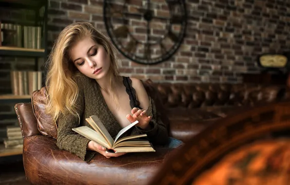 Pose, model, portrait, interior, makeup, hairstyle, blonde, book