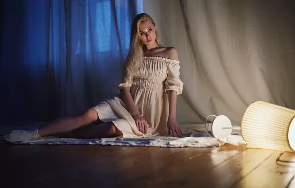 Girl, pose, lamp, dress, blonde, long hair, on the floor, Sergey Fat