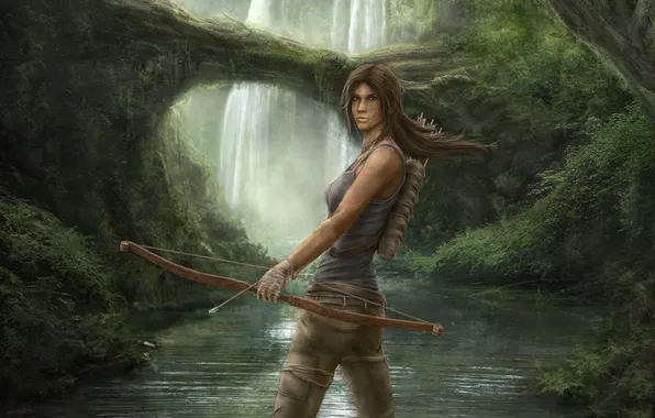Girl, river, stream, bow, art, Lara Croft, Tomb Raider Reborn, Hans Hirth