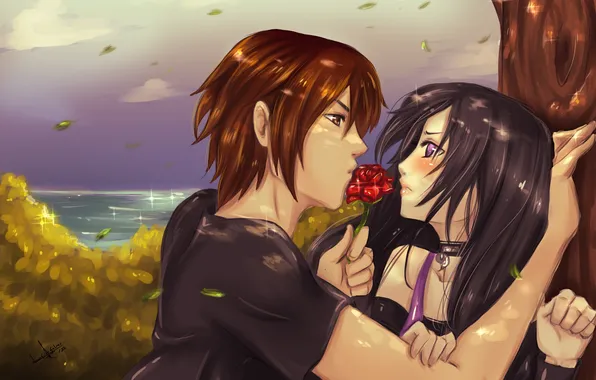 Sea, flower, girl, mood, rose, kiss, guy, the bushes