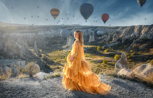 Girl, the sun, landscape, pose, smile, photo, hills, dress