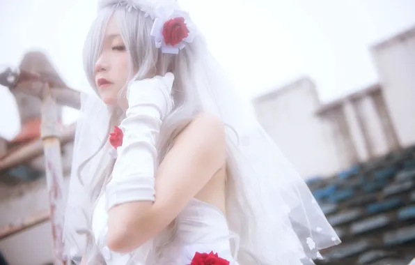 Beautiful, Asian, Model, Rose, Woman, Glove, Pretty, White Hair