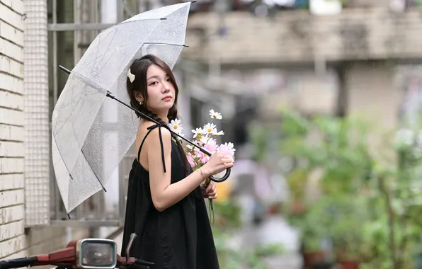 Picture girl, umbrella, bouquet, Asian