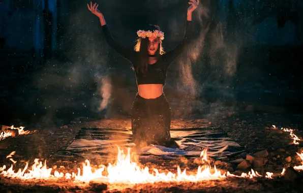 Girl, night, fire, round, ritual, wreath