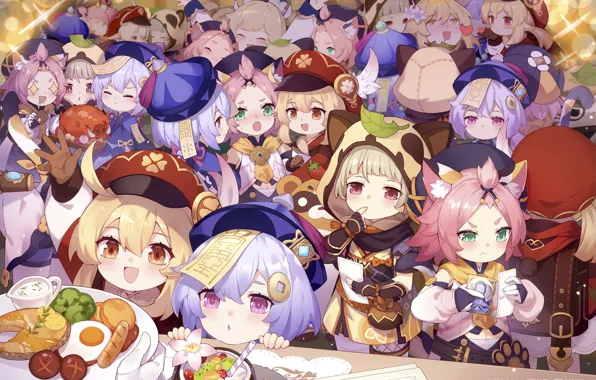 Children, fantasy, snacks, Genshin Impact, Light, Sayu, Clover, Diona