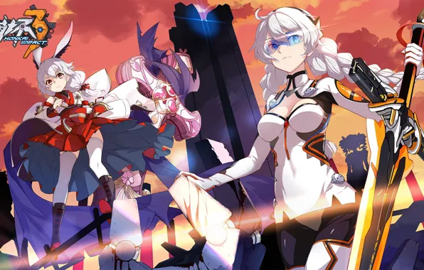 Weapons, girls, the game, sword, anime, glasses, Honkai Impact 3rd