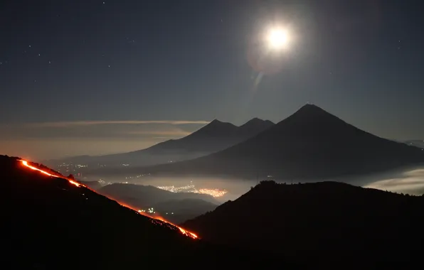 Japan, Fuji, night city lights, fog in the mountains