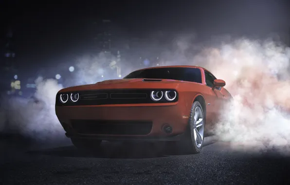Red, Auto, Road, Night, Smoke, Machine, Dodge, Challenger