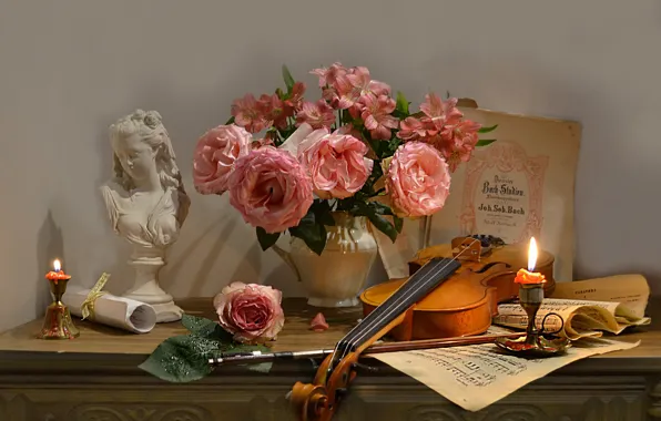 Picture flowers, notes, violin, roses, candles, sculpture, pitcher, still life