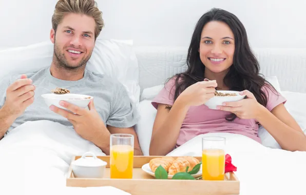 Girl, mood, food, pillow, Breakfast, juice, pair, plates