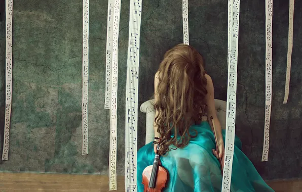 Look, girl, pose, tape, notes, music, wall, violin