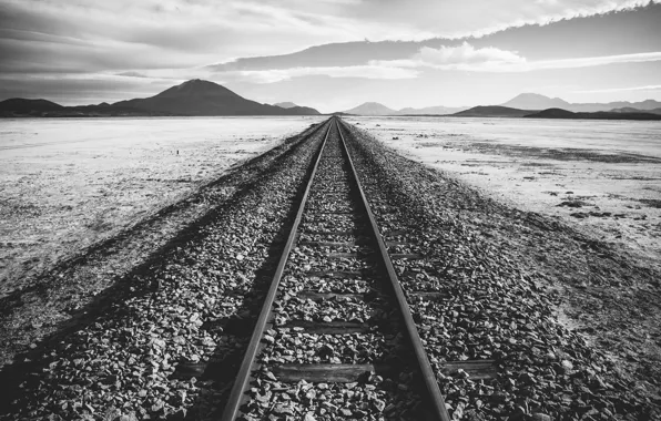 Sky, landscape, mountains, clouds, hills, black and white, rails, b/w