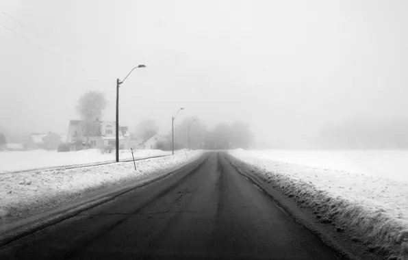 Misty, road, winter, houses, signs, foggy, power line, lamp posts