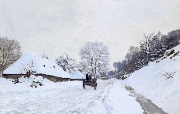 Winter, snow, landscape, picture, Claude Monet, A cart on the Snowy Road and the Farm …