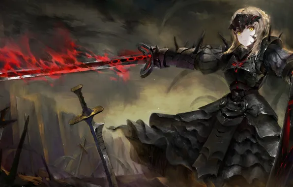 Girl, weapons, magic, sword, anime, art, saber, fate/stay night