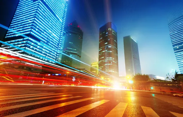 China, Hong Kong at night, Light trails in Shanghai