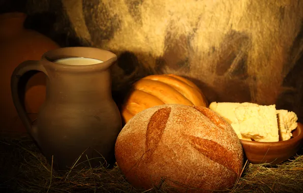 Milk, bread, straw, pitcher