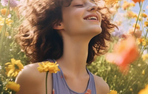 Flowers, Girl, Smile, Hair, Brown hair, Digital art, AI art, The Art of Artificial Intelligence