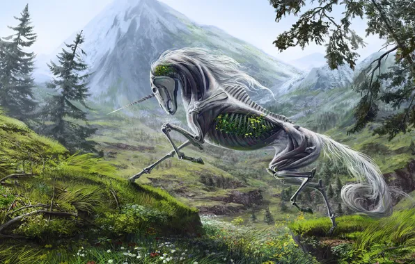 Landscape, unicorn, skeleton