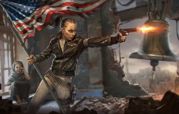 Girl, the city, gun, war, child, flag, revolution, bell