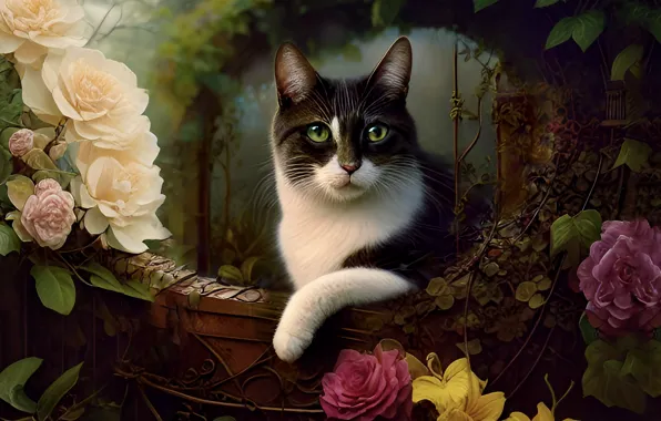 Cat, cat, look, flowers, pose, black and white, roses, balcony