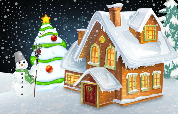 Winter, Minimalism, Snow, New Year, House, Christmas, House, Snowflakes