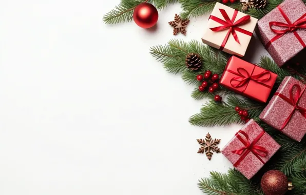 Balls, branches, Christmas, gifts, red, white background, New year, white