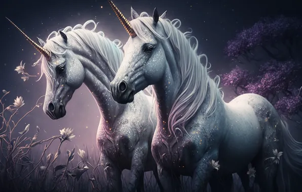 Light, flowers, night, lights, rendering, graphics, horses, spring