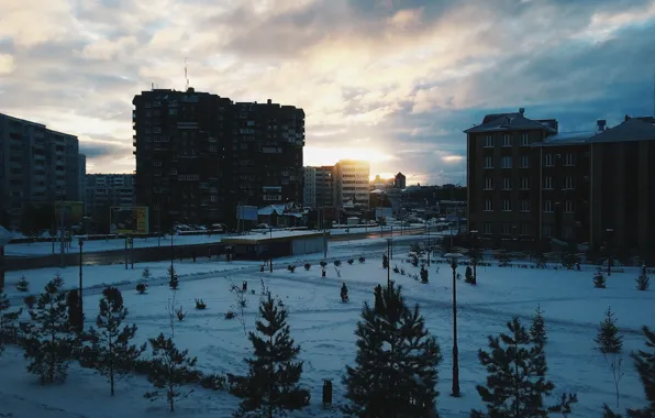 Winter, dawn, Tatarstan, Almetyevsk