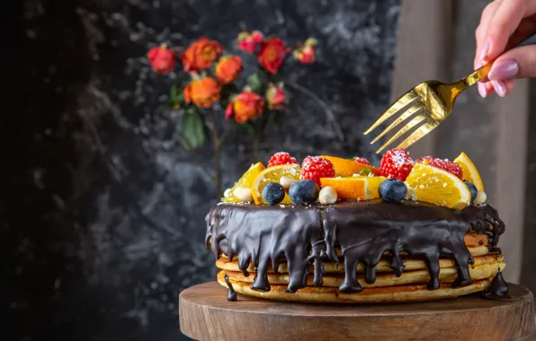 Berries, chocolate, cake, fruit, plug, pancake, pancake cake