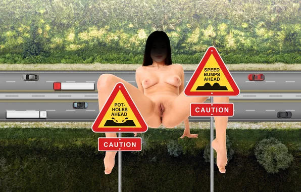 Car, girl, road, woman, traffic sign