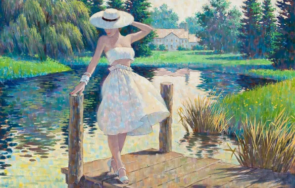 Girl, lake, figure, picture, painting, Arthur Saron Sarnoff, Pin-ap