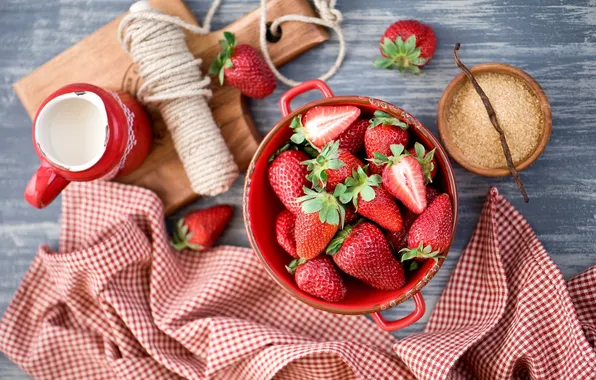 Picture berries, strawberry, plate, sugar, Board, tablecloth, vanilla, Anna Verdina