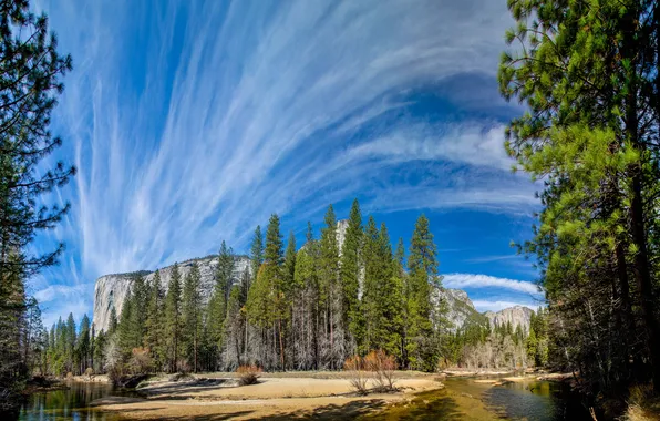 The sky, clouds, trees, river, mountain, CA, USA, Yosemite National Park