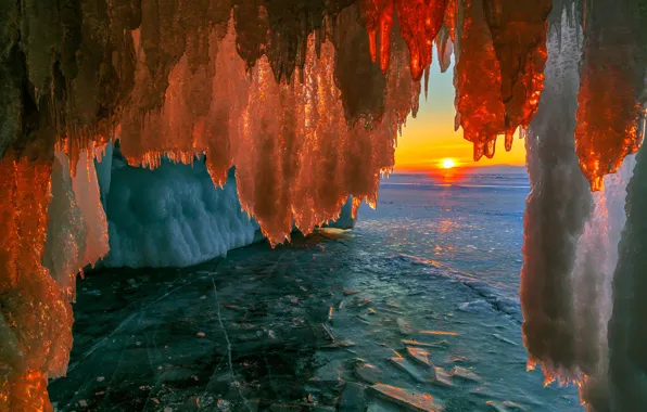 The sun, sunset, lake, ice, Baikal, cave, the grotto
