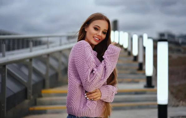 Picture look, Girl, the evening, Smile, steps, red, sweater, Alexander Avramenko