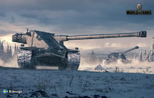 Winter, forest, snow, glade, art, tank, World of Tanks, heavy