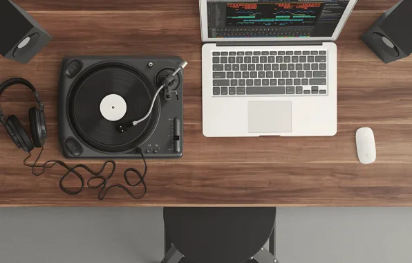 Table, Apple, chair, mouse, speakers, remote, laptop, Mac